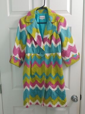 3 Sisters Chevron Button Coat Bold Multi Color Trench 3/4 Sleeves Women's Size M
